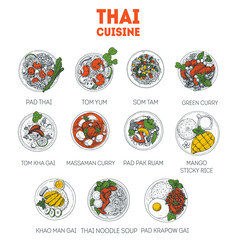 Thai food sketch. Set of thai dishes with pad thai, tom yum, som tam, green curry, sticky rice. Food menu design tempalte. Thai cuisine. Vintage hand drawn sketch vector illustration. Engraved image.