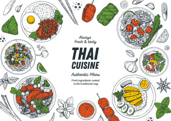 Thai food top view vector illustration. Food menu design template. Hand drawn sketch. Thai food menu. Vintage style