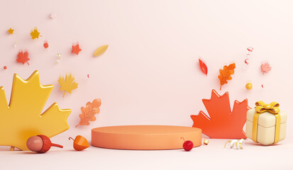 Autumn display podium decoration background with maple oak leaves acorn gift box, copy space text, 3D rendering illustration © sofirinaja