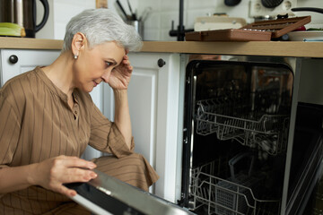 Upset middle-aged housewife sitting at broken dishwasher. Stressed woman looking at machine for...