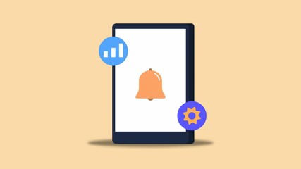 Animated statistic settings and settings, notification bell on phon conceptual 2d video clip