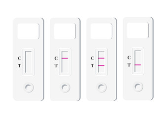 Express flu, covid, hcv, hiv antigen tests result set. Rapid test showed a positive, negative and invalid result. Test for home detecting disease isolated on white background. Flat vector illustration © Irina