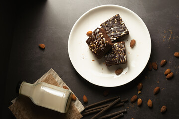 chocolate brownies on dark and white background homemade bakery and dessert white marble top view flat lay looking down with text space copy space