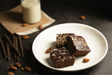 chocolate brownies on dark and white background homemade bakery and dessert white marble top view flat lay looking down with text space copy space