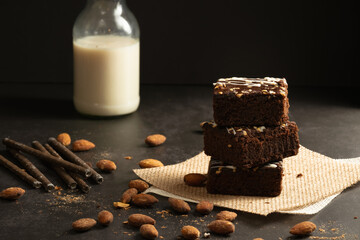 chocolate brownies on dark and white background homemade bakery and dessert white marble top view flat lay looking down with text space copy space