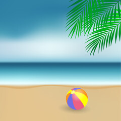 Seascape of summer holidays. Beach scene with a ball, the sea shore and the horizon. Vector illustrations