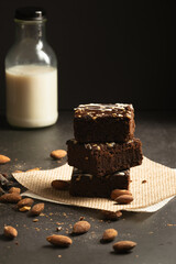 chocolate brownies on dark and white background homemade bakery and dessert white marble top view flat lay looking down with text space copy space
