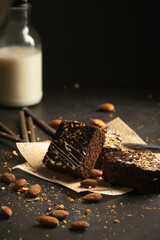 chocolate brownies on dark and white background homemade bakery and dessert white marble top view flat lay looking down with text space copy space