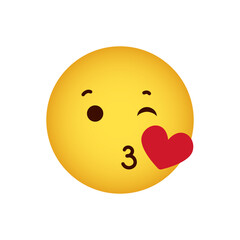 A smiley face for a kiss. A love emoticon with lips sending an air kiss, a winking yellow face with a red heart on a white background. Vector