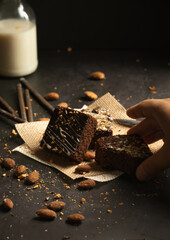 chocolate brownies on dark and white background homemade bakery and dessert white marble top view flat lay looking down with text space copy space