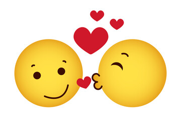 A smiley face for a kiss. A love pair of yellow emoticons with red hearts. White background. Vector illustration