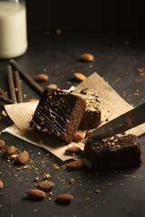 chocolate brownies on dark and white background homemade bakery and dessert white marble top view flat lay looking down with text space copy space