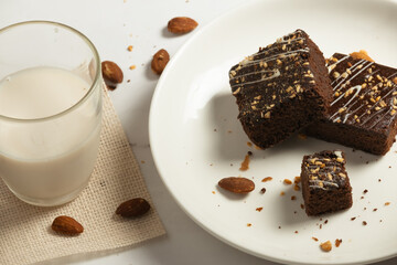 chocolate brownies on dark and white background homemade bakery and dessert white marble top view...
