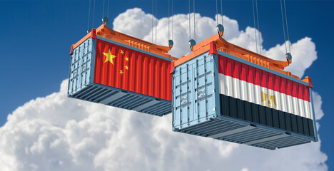 Shipping containers with China and Egypt national flag. 3D Rendering 