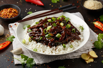 Mongolian beef stewed in dark soy sauce with spices. Asian style food
