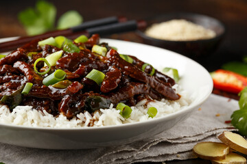 Mongolian beef stewed in dark soy sauce with spices. Asian style food