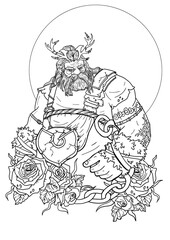 Fototapeta na wymiar Serious powerful dwarf warrior with horns and chains, strong man with large hands and tattoos, northern viking in light armor and fur, with a mustache and beard, on the background big moon and roses.