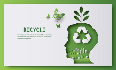 Recycle banner design, a man with a green city and recycle sign inside his head, think green, save the planet and energy concept, paper illustration, and 3d paper. - obrazy, fototapety, plakaty