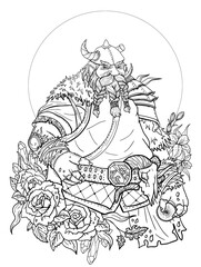 Fantasy character close-up, dwarf warrior in a helmet with a broken horn, northern man with metal pauldron and fur, old viking with a braided mustache and beard on the background large moon and roses.