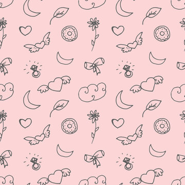 Girly doodle pattern with diamonds, hearts, rings, cakes, sweets, clouds. Seamless texture for wallpaper, textiles, scrapbooking. Hand drawn vector illustration.