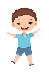 Child funny. Little boy. In blue clothes. Kid jumps for joy. Charming active cute character. Cute kid. Face wobble smile. Cartoon style. Isolated on white background. Vector