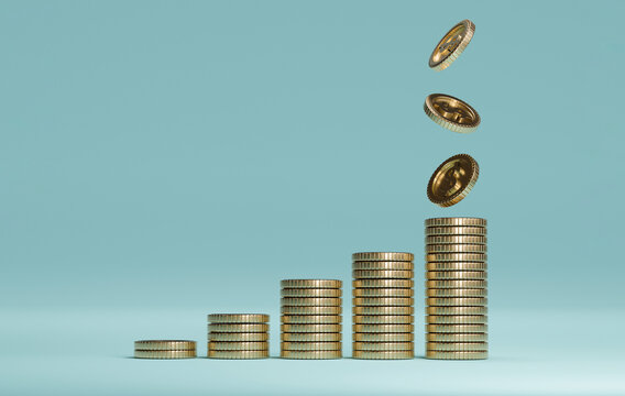 US dollar realistic coins stacking and falling for increasing on blue background , Money saving and business profit concept by 3d rendering technique.