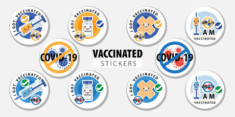Vaccinated sticker or Vaccination round badges with quote - I got Covid-19 vaccinated, i am covid-19 vaccinated. Coronavirus vaccine stickers with medical plaster, syringe and treatment symbol Vector  - obrazy, fototapety, plakaty