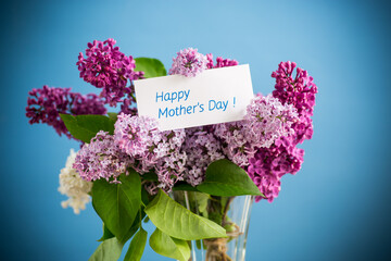 bouquet of different blooming spring lilacs in a vase on blue background