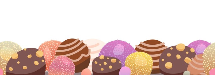 Sweets with hazelnuts. Nuts. Assorted dessert chocolate and marmalade. Candy caramel, jelly. Isolated. Bottom seamless border. Flat Background illustration. Vector