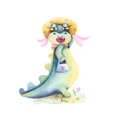 Crocodile with a hat and a handbag. Funny watercolor character.