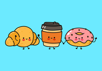 Funny cute happy donut, cofee and croissant characters bundle set. Vector hand drawn doodle style cartoon character illustration icon design. Donut, cofee and croissant friends concept 
