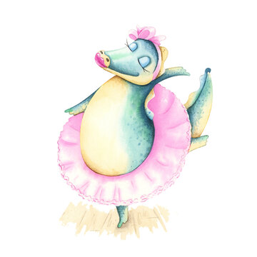 Crocodile with a hat and a handbag. Funny watercolor character.