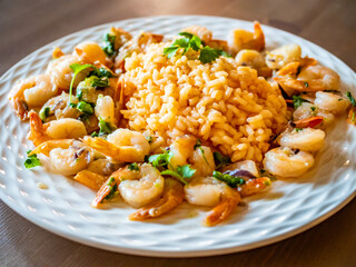 Risotto with shrimps and parsley on wooden table
