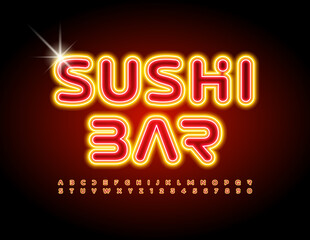Vector glowing emblem Sushi Bar. Techno Neon Font. Bright light Alphabet Letters and Numbers set

