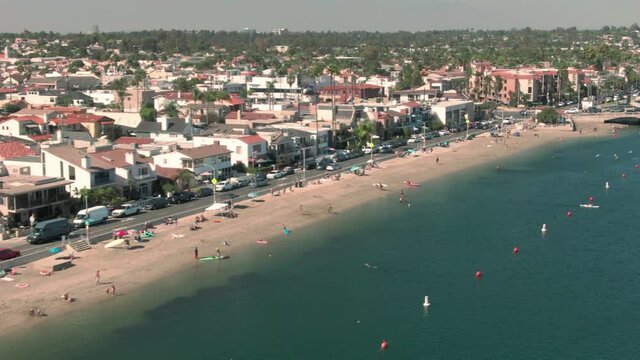 Aerial: Bayshore beach in Belmont. Long Beach, California, USA