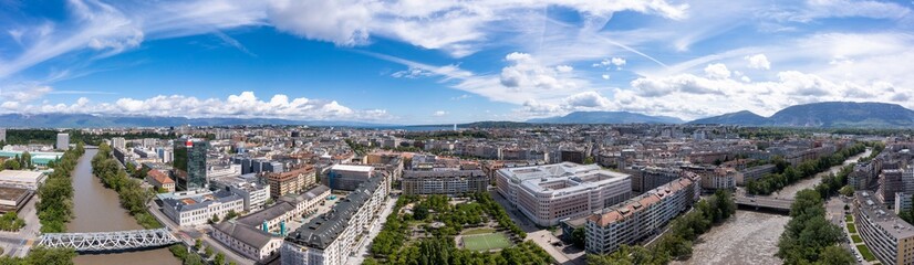 Fototapeta na wymiar Aerial panoramic view of plainpalais in Geneva - Switzerland