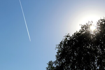 The plane flies high in the sky leaving a trail