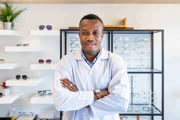 Portrait of African optician in optical shop store, cross arms, looking at camera. Eyecare concept.
