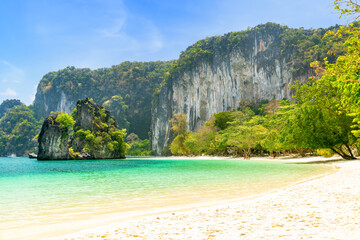 Ko Hong island and exotic beach with mountain cliff, with crystal clear water and white sand, Krabi, Thailand