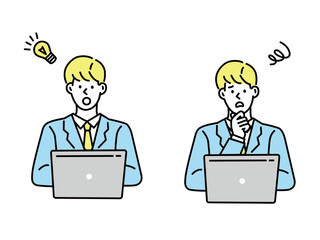  疑問と問題の解決を表情で表す男性のイラスト(ソーシャルメディア、会議、ミーティング、閃き、考える、理解する、悩む、パソコン) resolution, Confused woman thinking together. People with question marks vector illustration. men with question, thinking guy