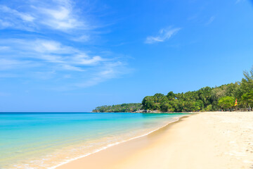 Fototapeta na wymiar Surin Beach with crystal clear water and wave, famous tourist destination, Phuket, Thailand