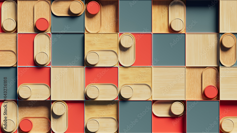 Poster 3d abstract background with repetitive pattern shapes. wooden texture. top view.