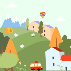 Vector children's illustration with a bright drawing with a car, a house and nature.