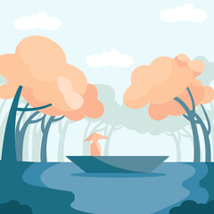 Vector illustration of a boat on nature water.