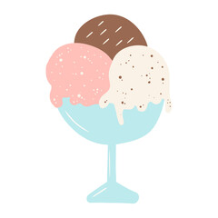 Hand drawn vector doodle illustration three ice-cream brown, pink and white color with sprinkles on the top in bowl isolated on white background. Chocolate, strawberry and vanilla flavors pastel.