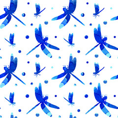 Watercolor illustration of a pattern of blue abstract dragonflies with circles. Seamless cute funny insect print. A winged insect with large eyes. Isolated over white background. Drawn by hand.