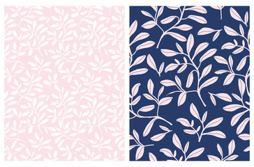Hand Drawn Floral Seamless Vector Patterns. Pink and White Sketched Twigs and Leaves Isolated on a Dark Blue and Light Pink Background. Simple Infantile Style Abstract Garden ideal for Fabric.