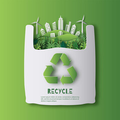 Recycle banner design, a plastic bag with a green city inside, think green, save the planet and energy concept, paper illustration, and 3d paper. - obrazy, fototapety, plakaty