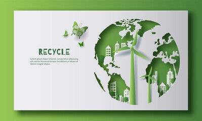 Recycle banner design, earth, windmill, and a city, save the planet and energy concept, paper illustration, and 3d paper.