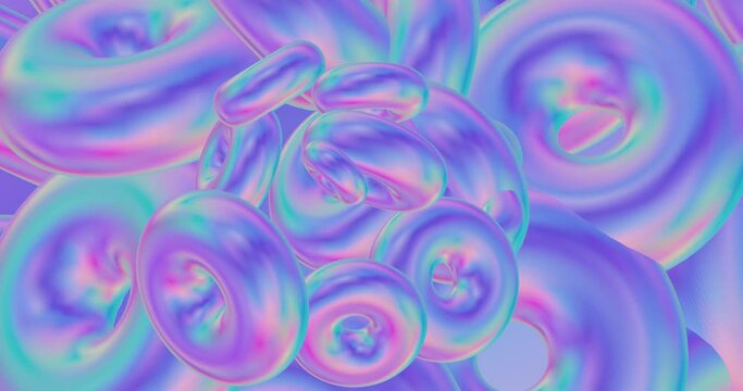 Creative Minimal 3d art. Donuts in abstract space .Trendy vaporwave colors . Perfect background for music. 4k seamless loop video. Good for Vertical banner and screen